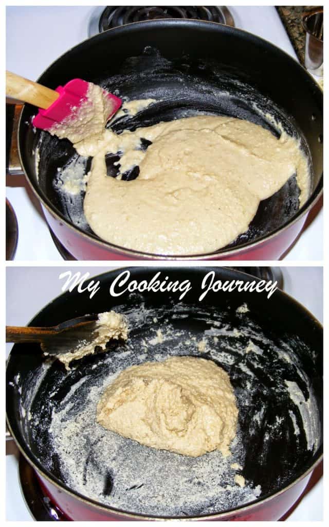 Cooking cashew mixture to make burfi Cooking cashew mixture to make burfi