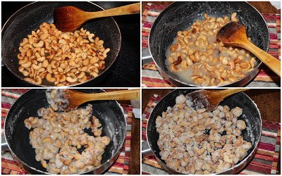 Adding roasted cashew nuts to sugar syrup Adding roasted cashew nuts to sugar syrup