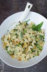 Vegetarian Pasta Salad with corn and edamame