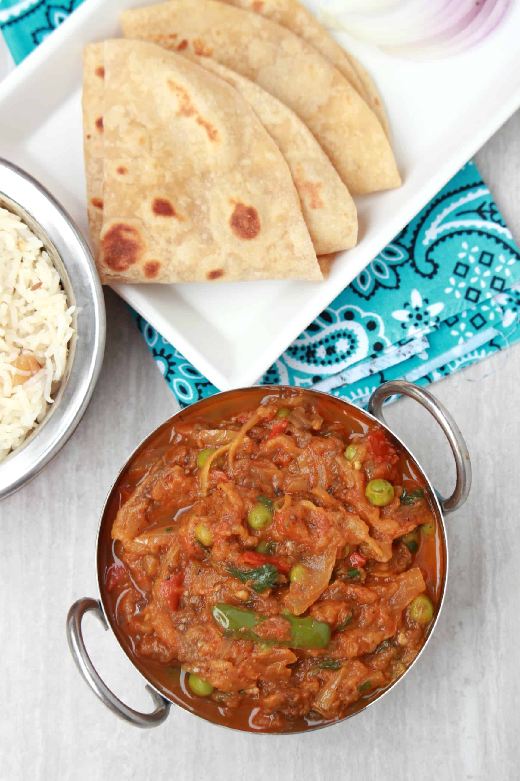 Baingan Bharta Baingan Bharta served with roti.