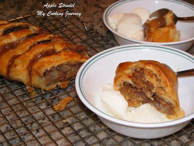 Apple Strudel in a bowl with ice cream