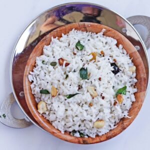 Spiced coconut rice in a brown bowl