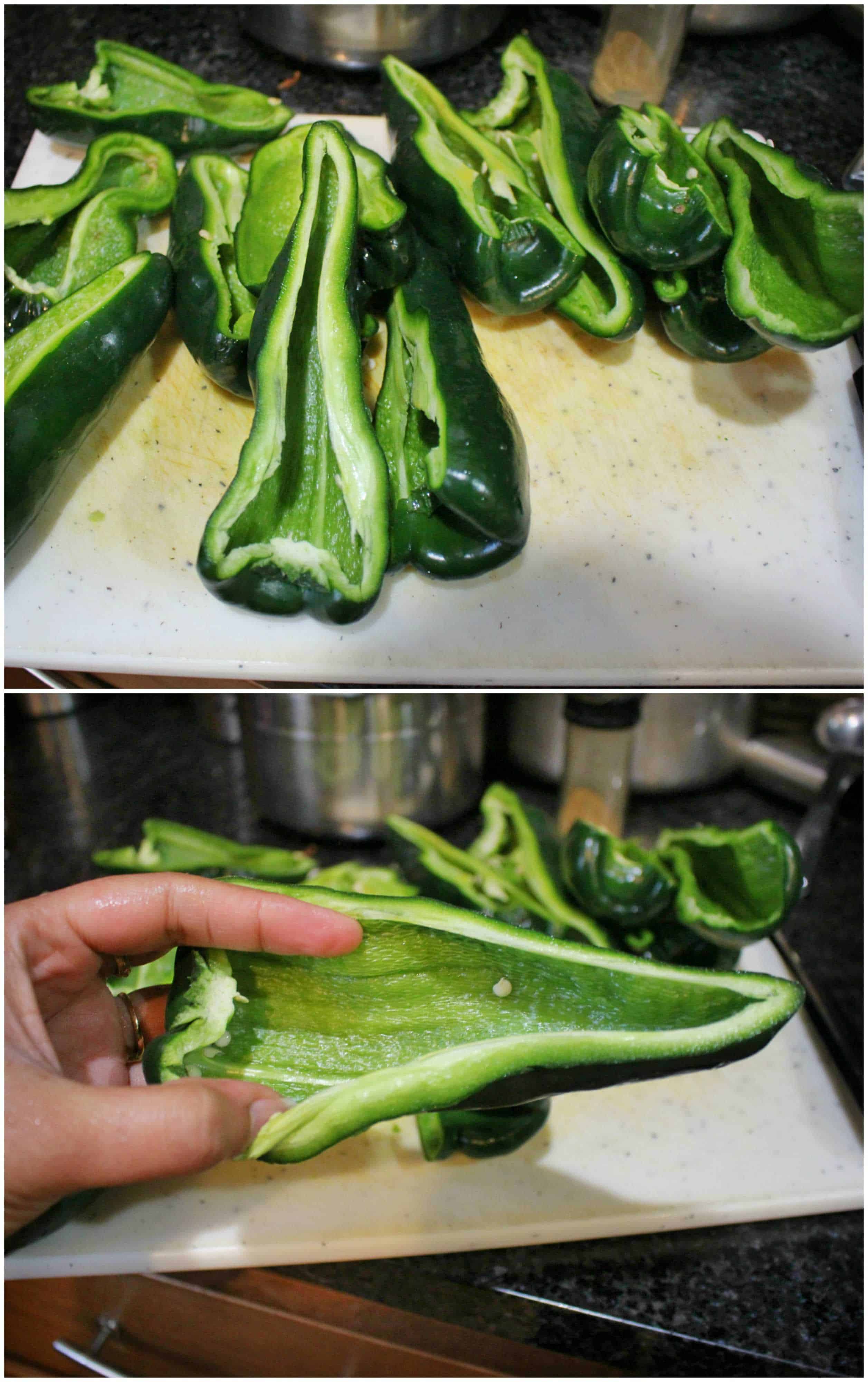Poblano pepper cut in half and seeds removed