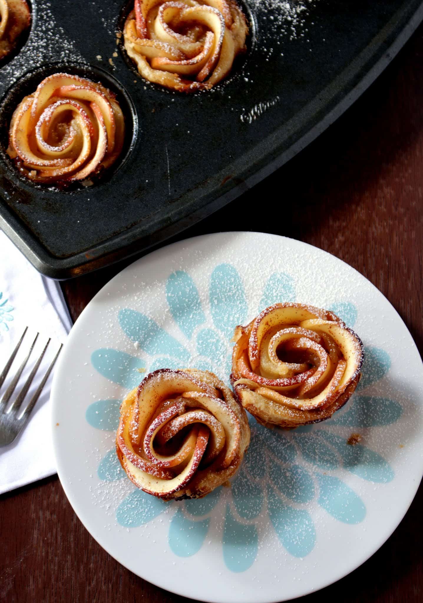 Baked Apple Roses  in plate and more in tray