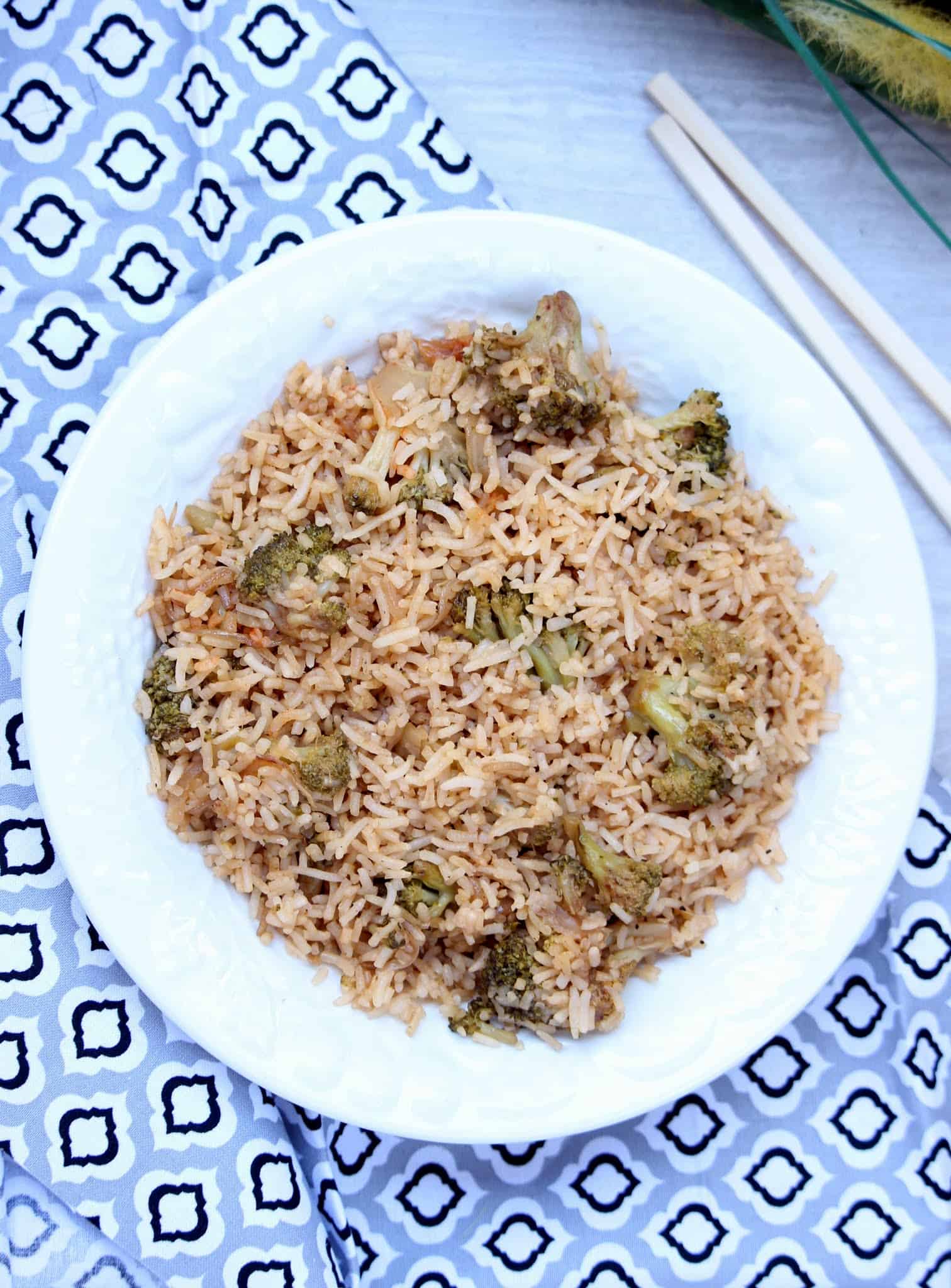 Broccoli Fried Rice in a white bowl