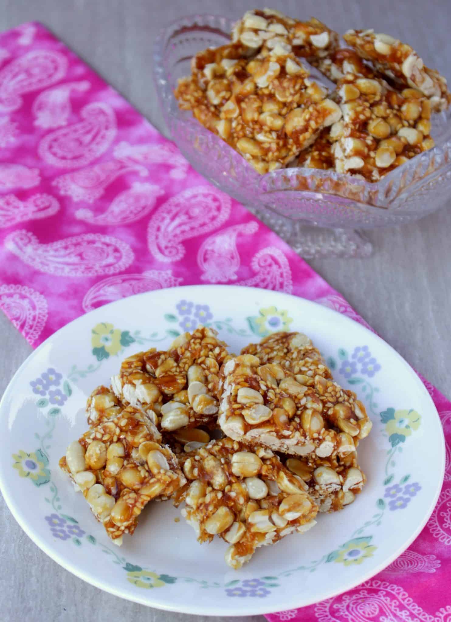 Chinese Peanut Sesame Ginger Brittle in a dish