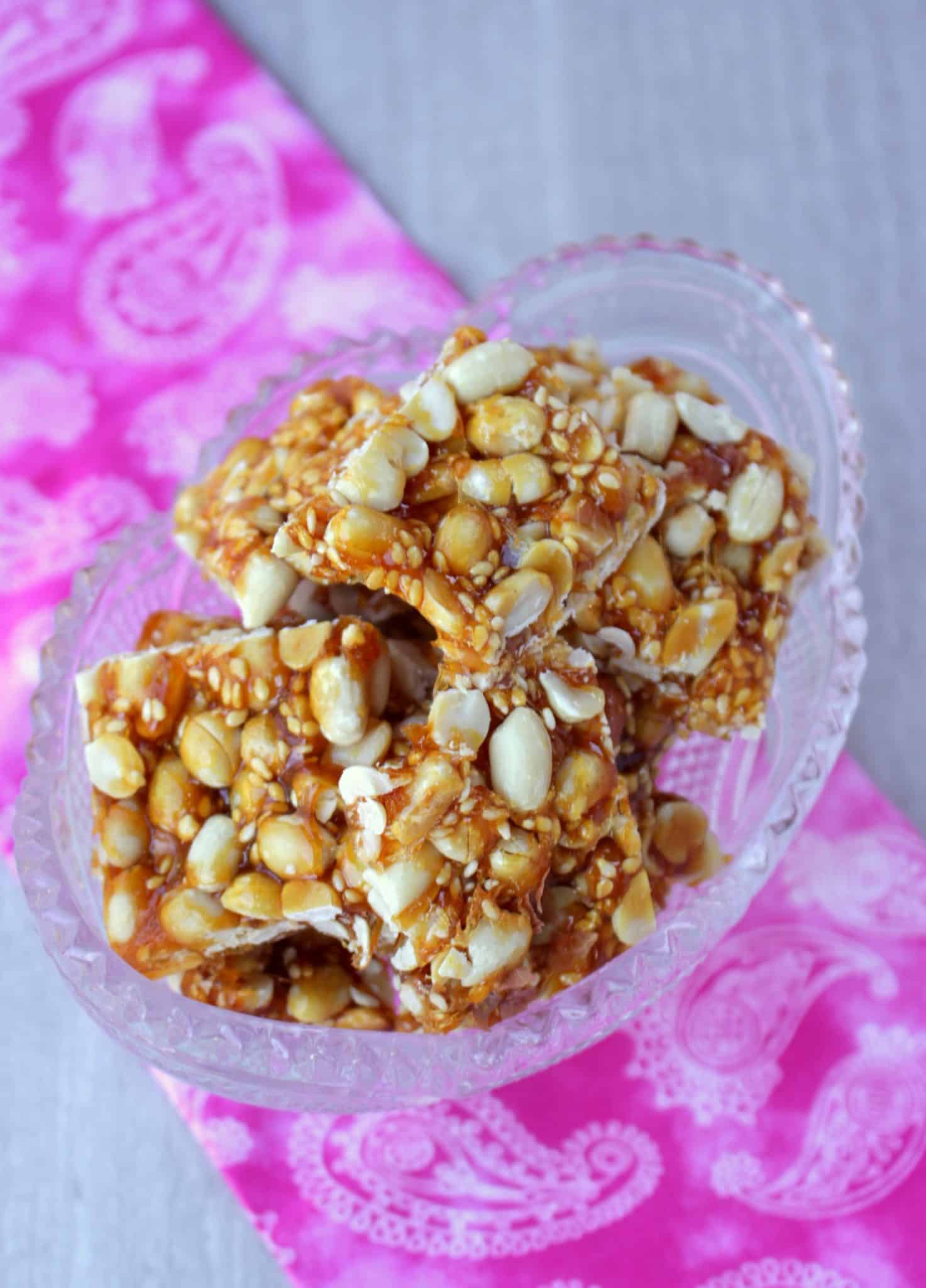 Chinese Peanut Sesame Ginger Brittle in a bowl