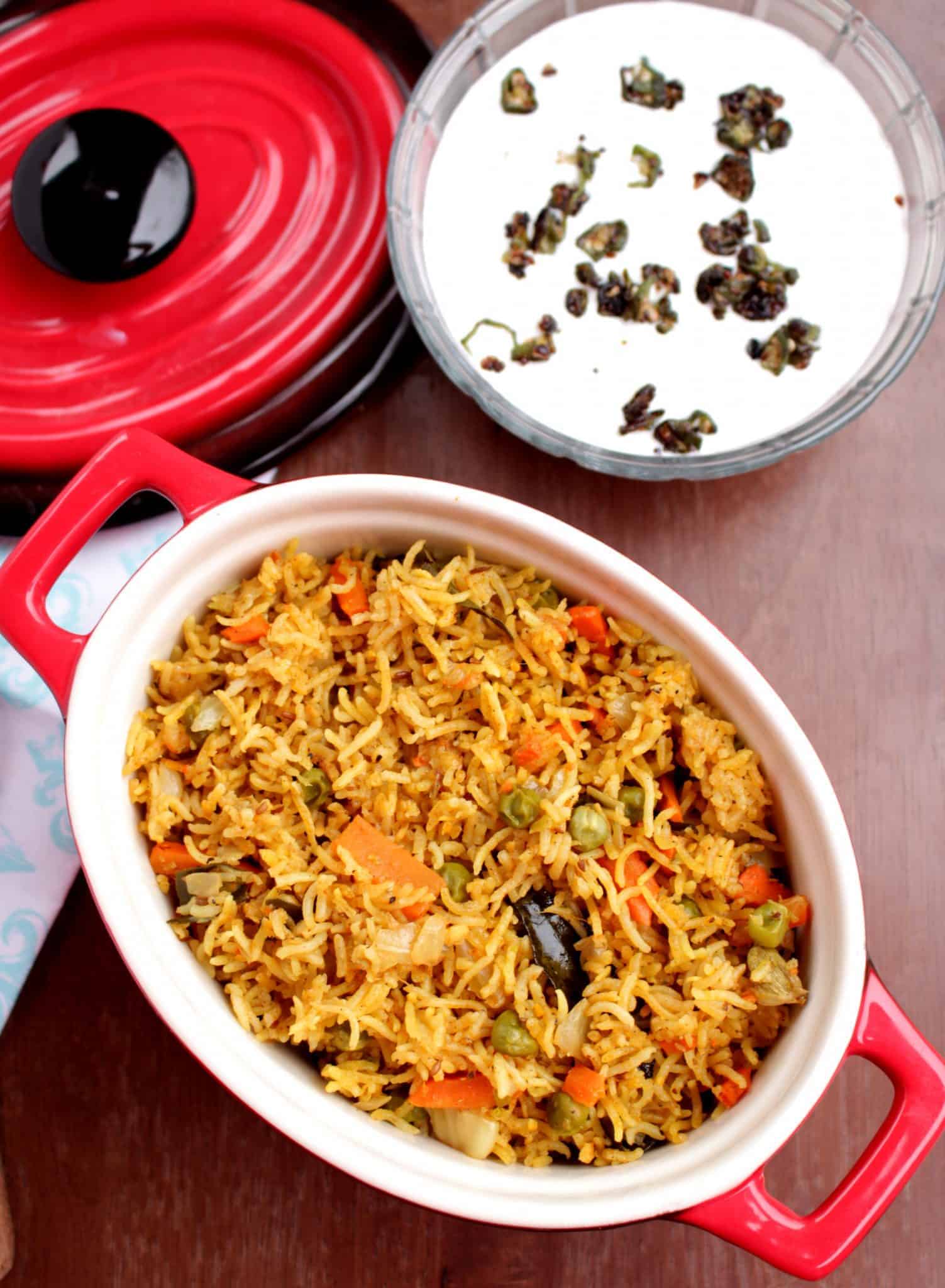 Vegetable Masala Bhaath - Instant Pot Vegetable Masala Bhaath Vegetable Masala Bhaath in a red pot