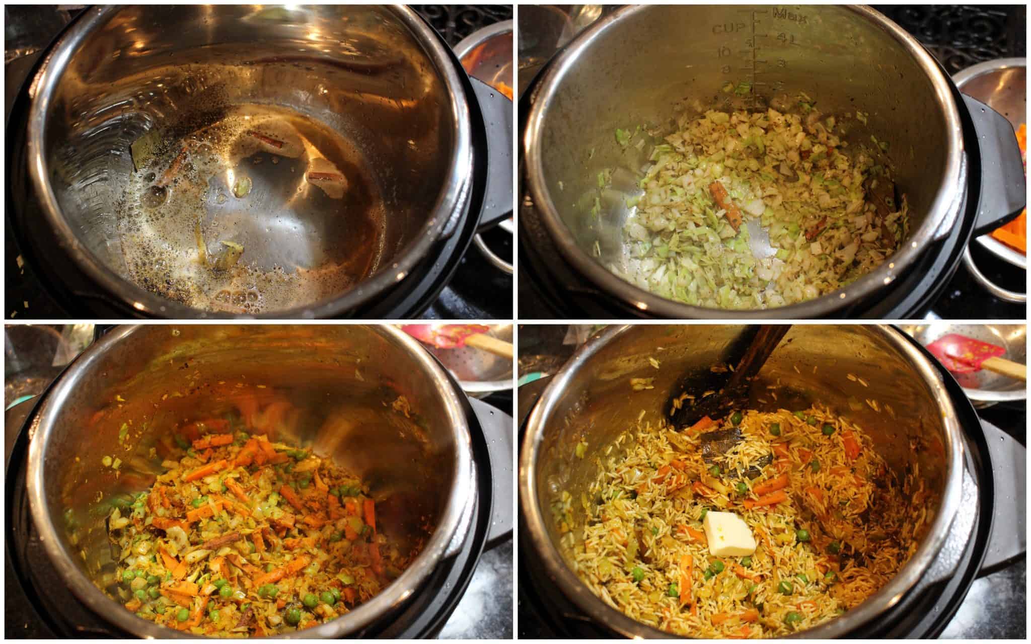 Cooking rice and veggies in a pot and mixing it.