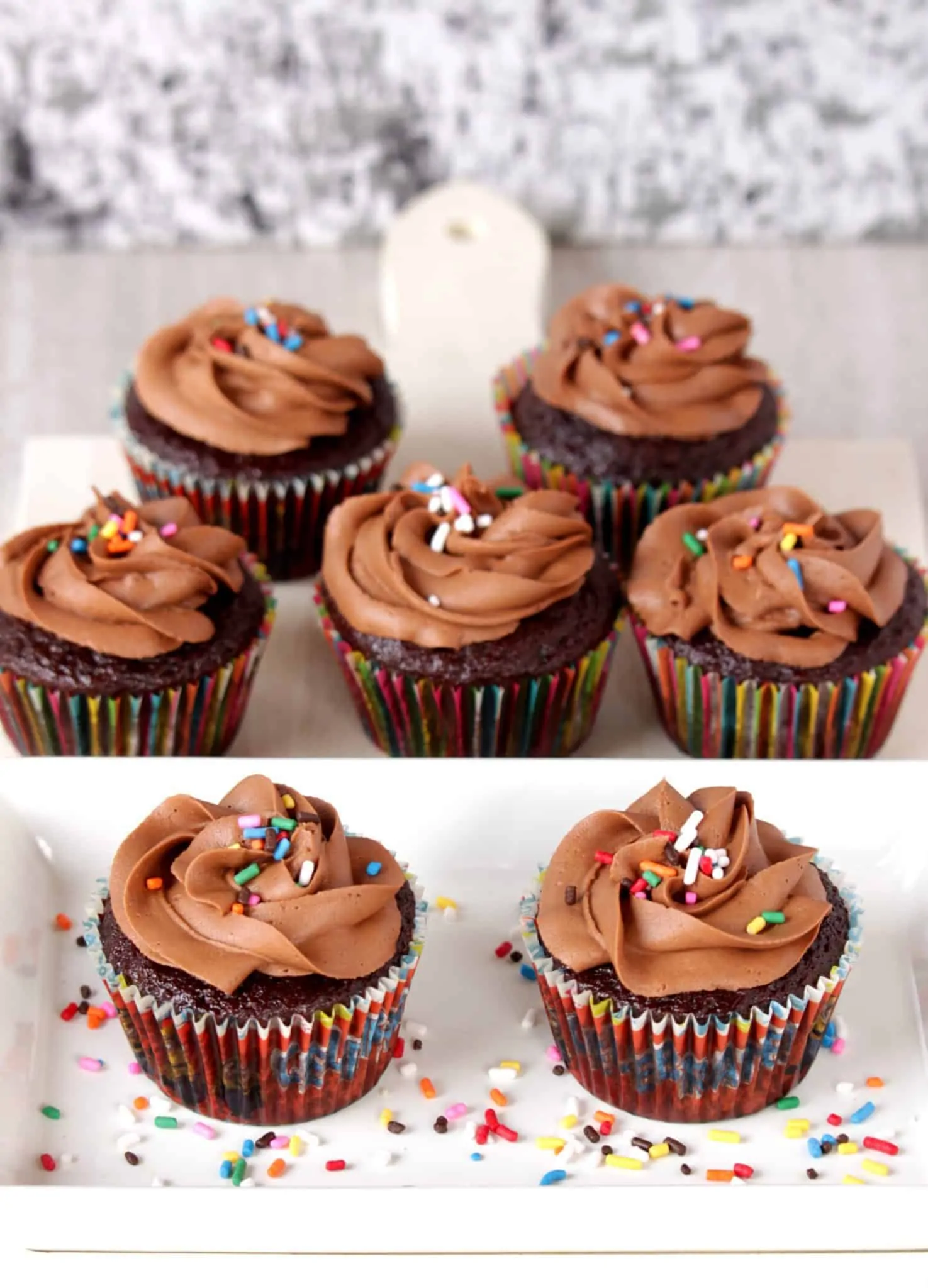 C for Chocolate Cupcakes with Chocolate Buttercream Frosting Chocolate Cupcakes with Chocolate Buttercream Frosting in a tray