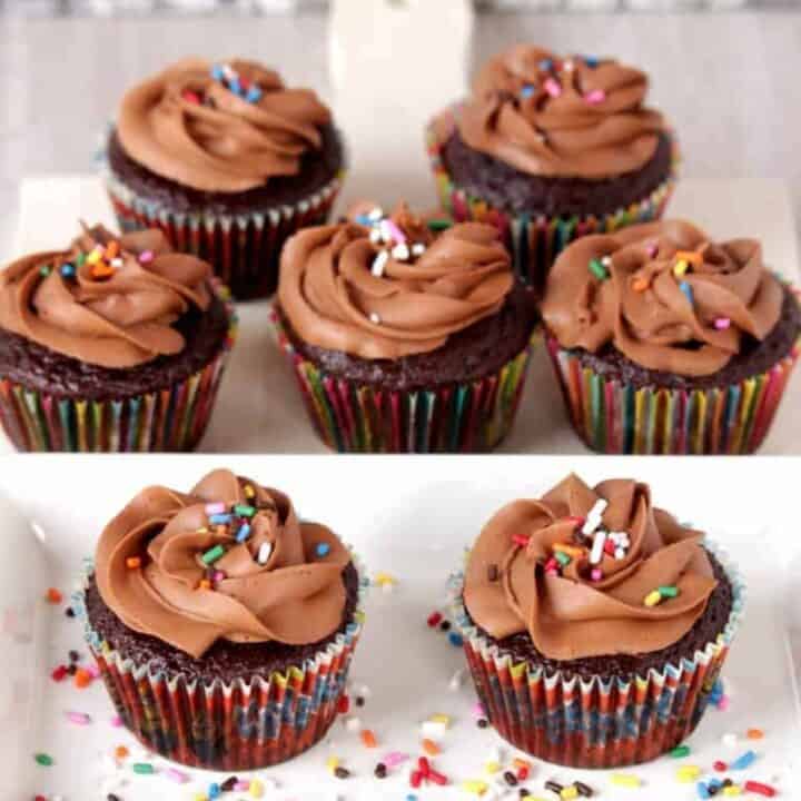 chocolate cupcakes with chocolate frosting and sprinkles