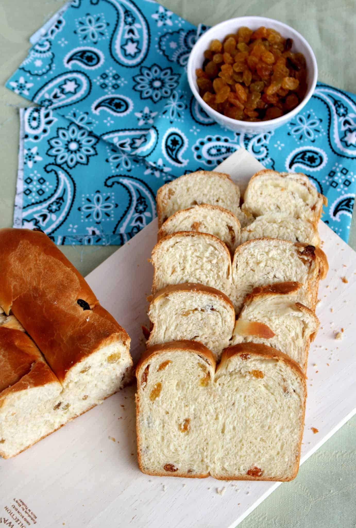 I for Irish Freckle Bread Irish Freckle Bread sliced in a tray