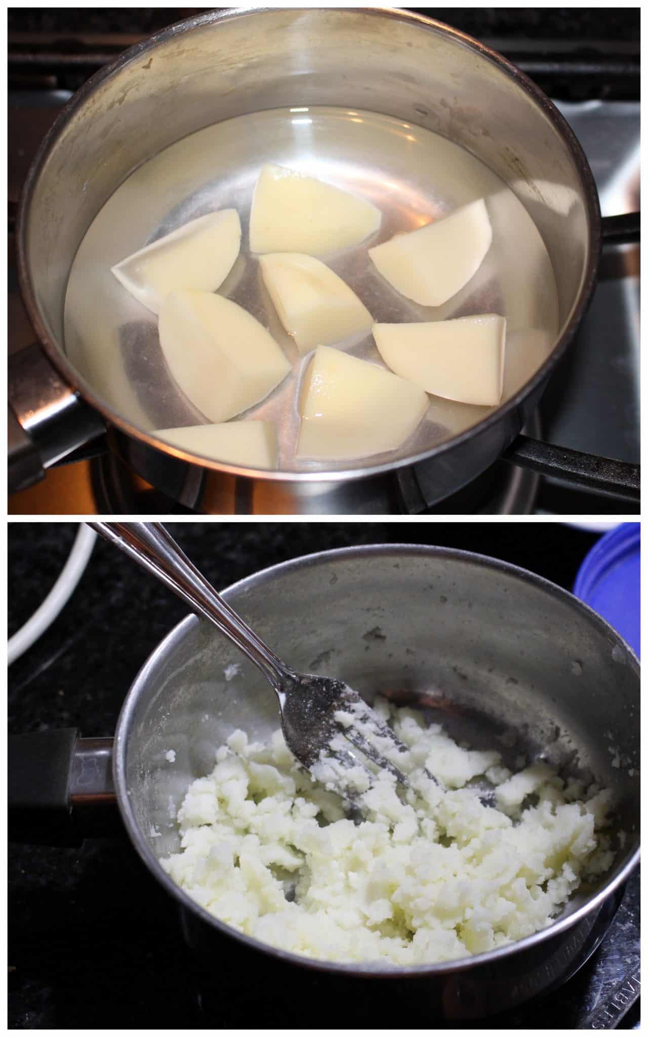 boiling the potato in a pan and mashing it