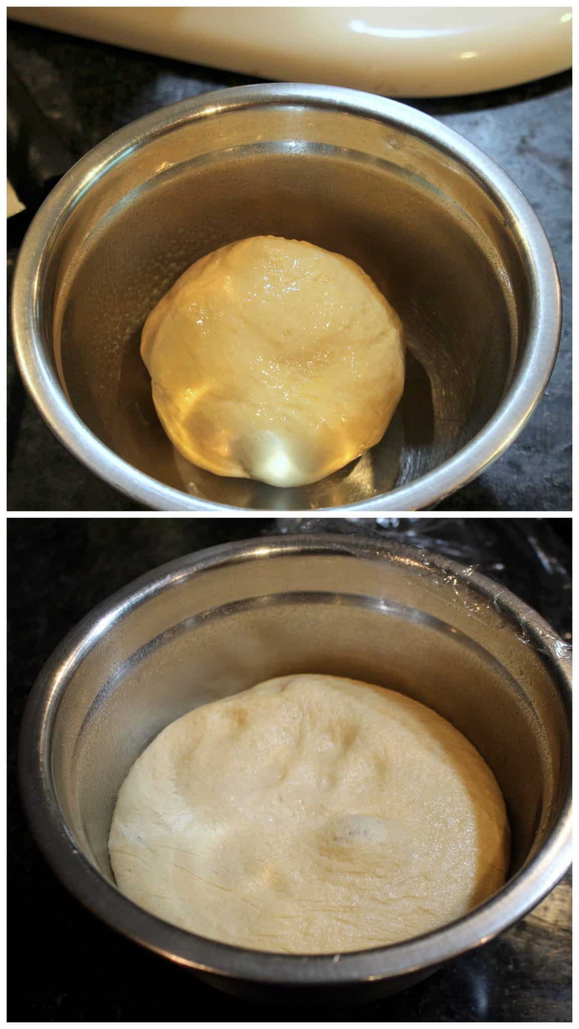 Knead the dough in a bowl and cover with plastic wrap and kitchen towel.