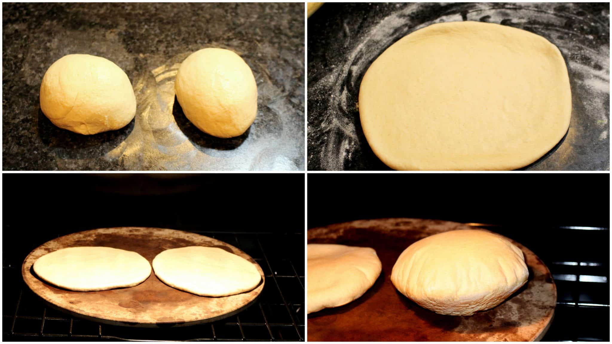 Dough being prepared, rolled and baked for pita bread.