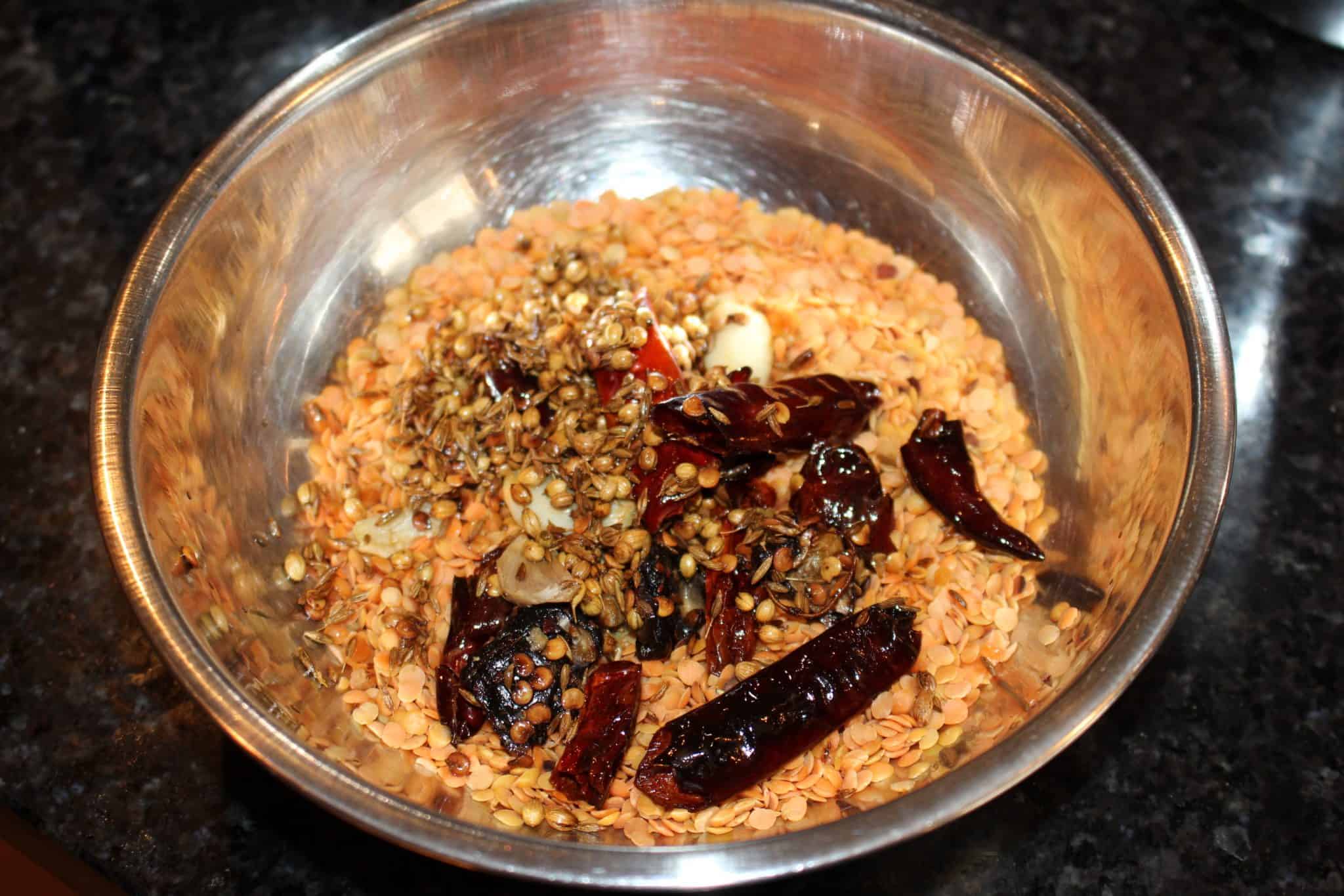 ingredients for masoor dal chutney in a bowl