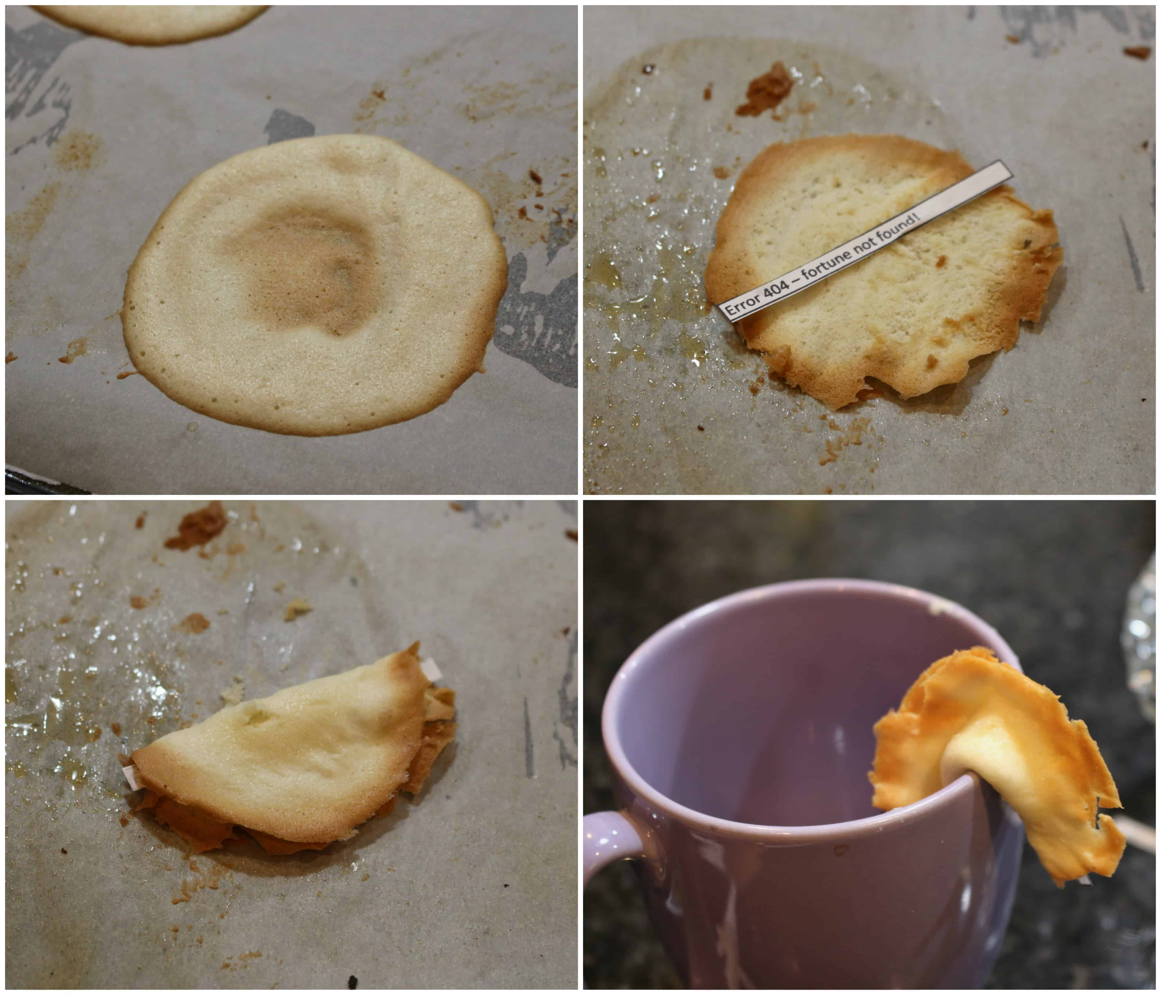 shaping fortune cookies on a mug