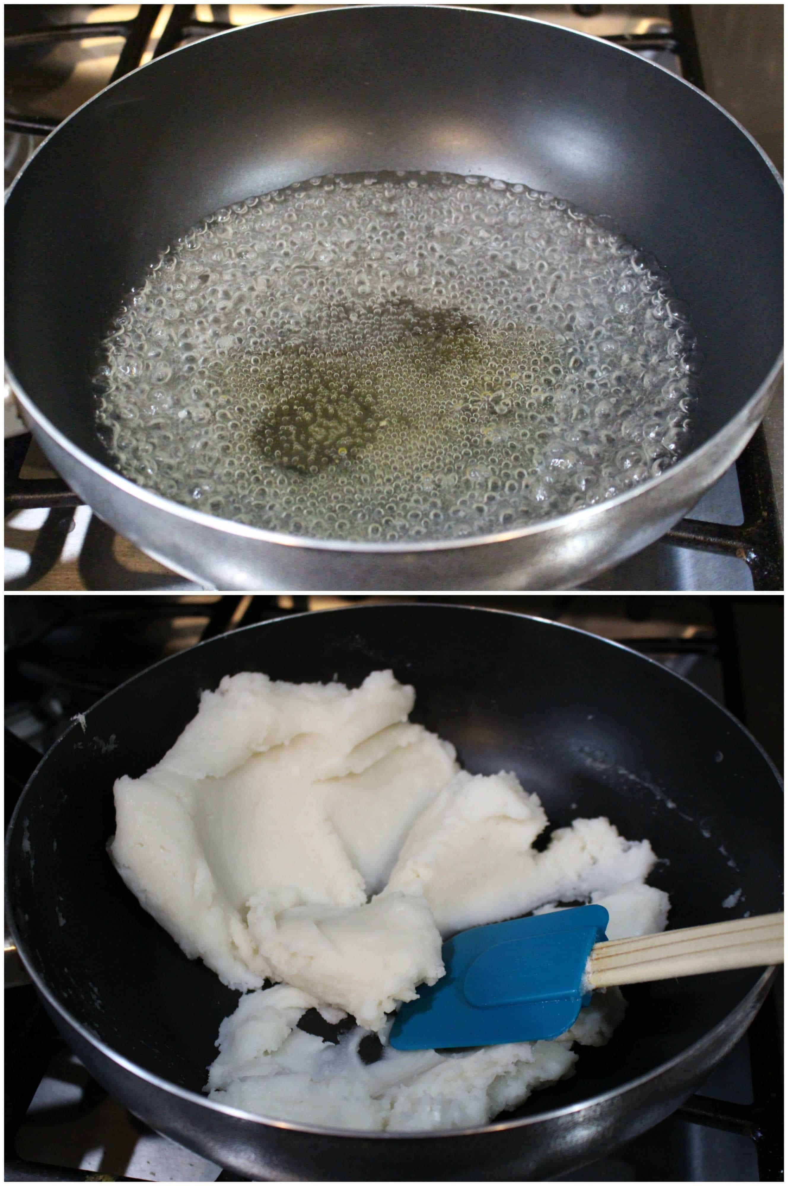 Rice flour cooking in a pan.