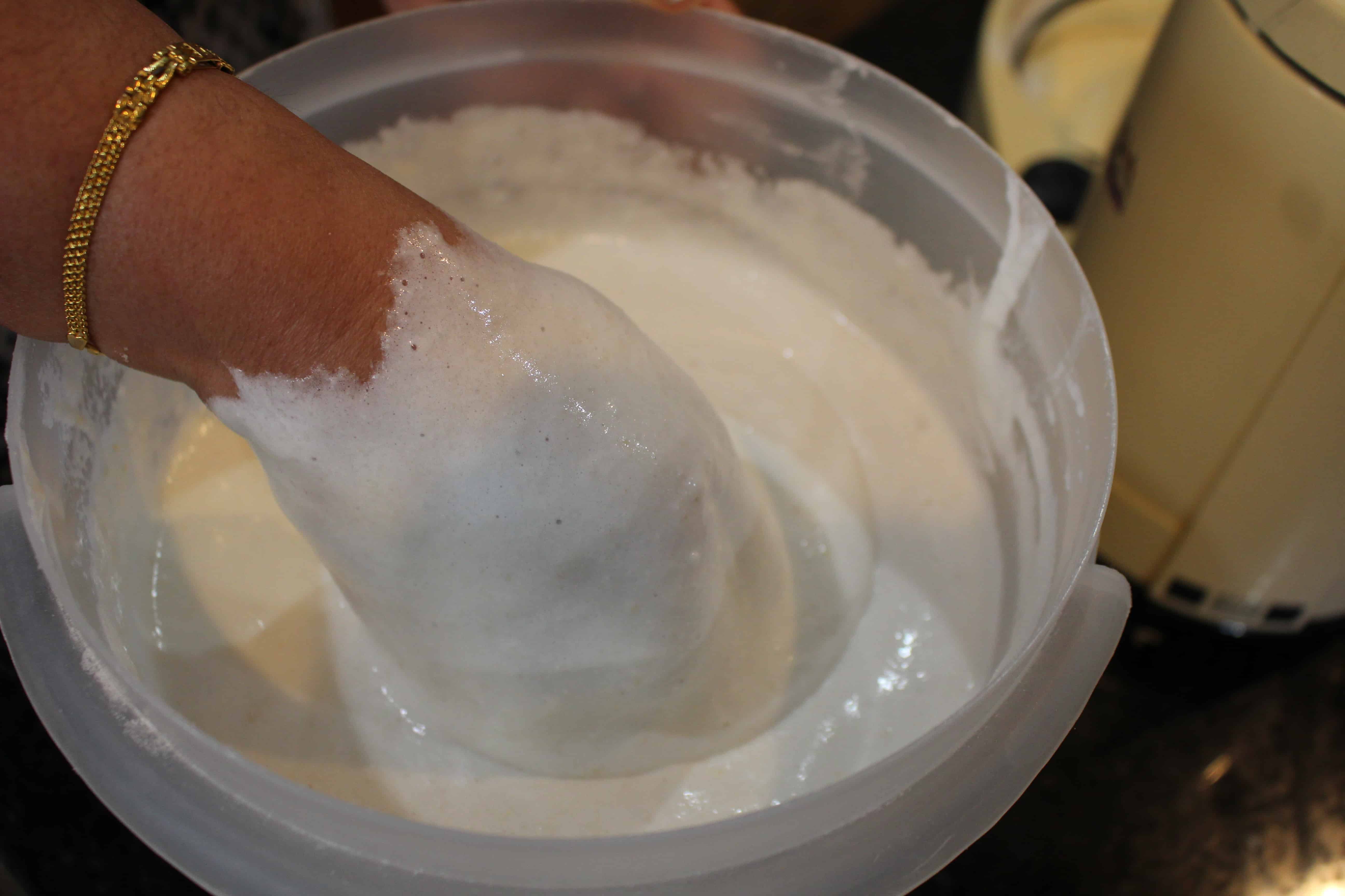 Mixing the batter with hands.