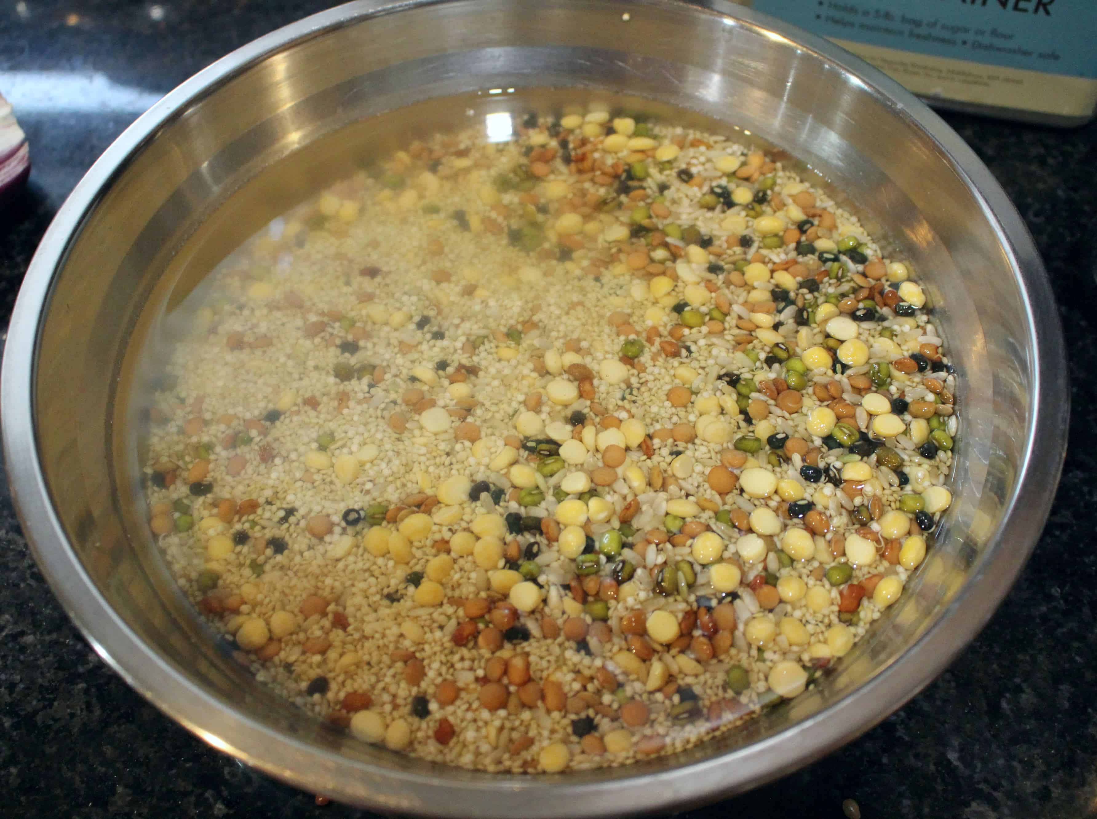 quinoa, brown rice and lentils soaked in water