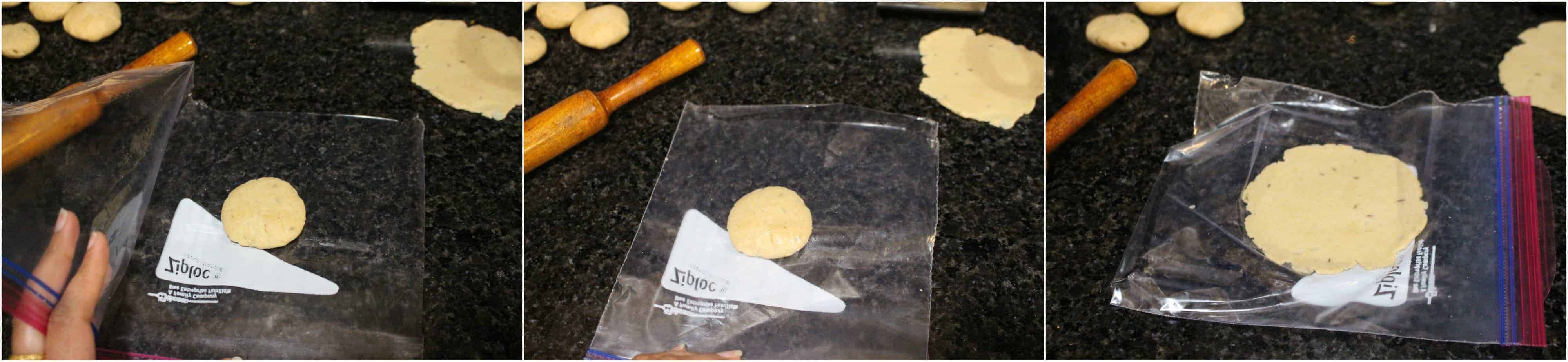 Rolling dough by placing it in the plastic bag to avoid sticking.