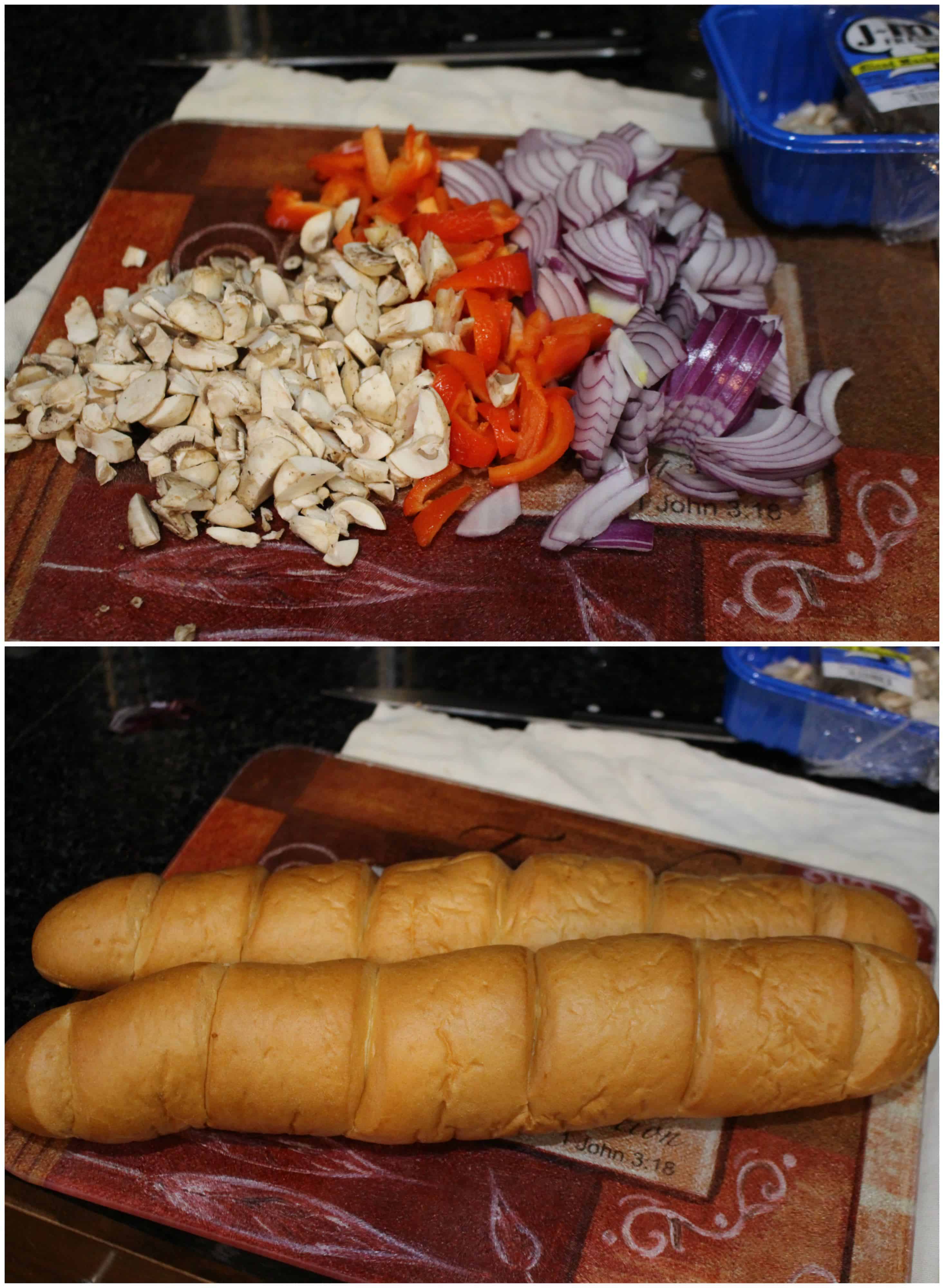 Chopped vegetable and bread.