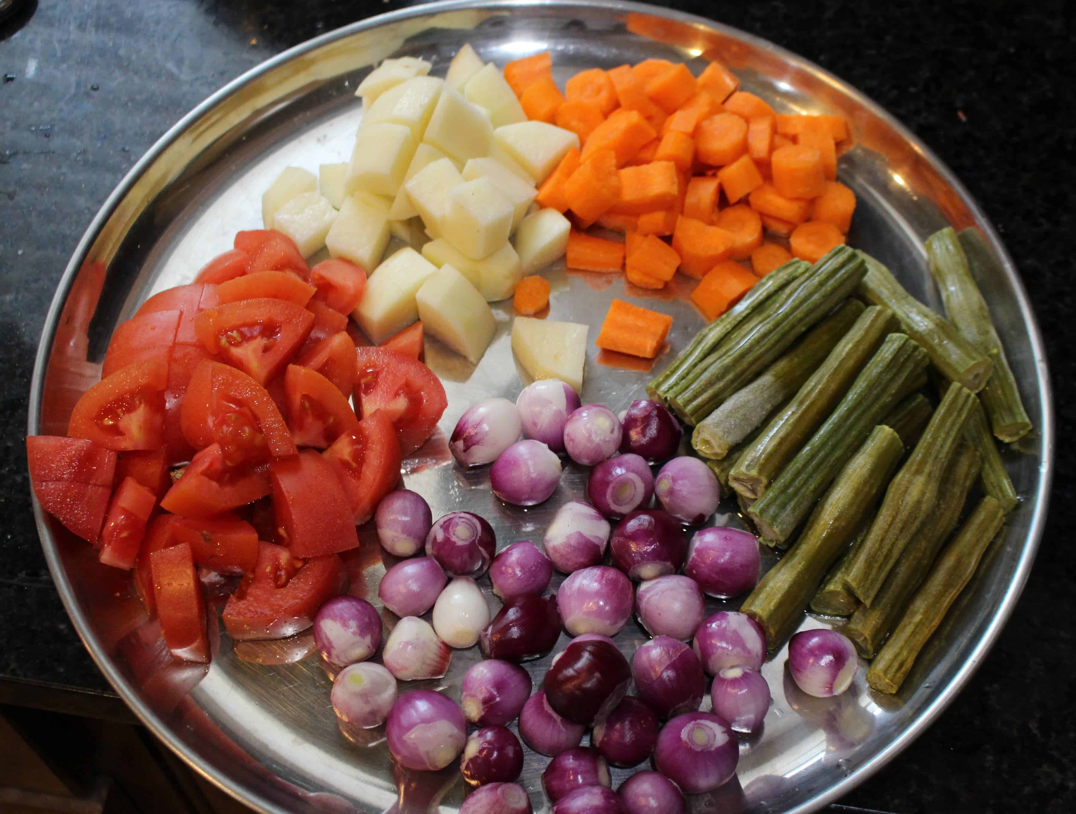 Chopped vegetables in a dish.