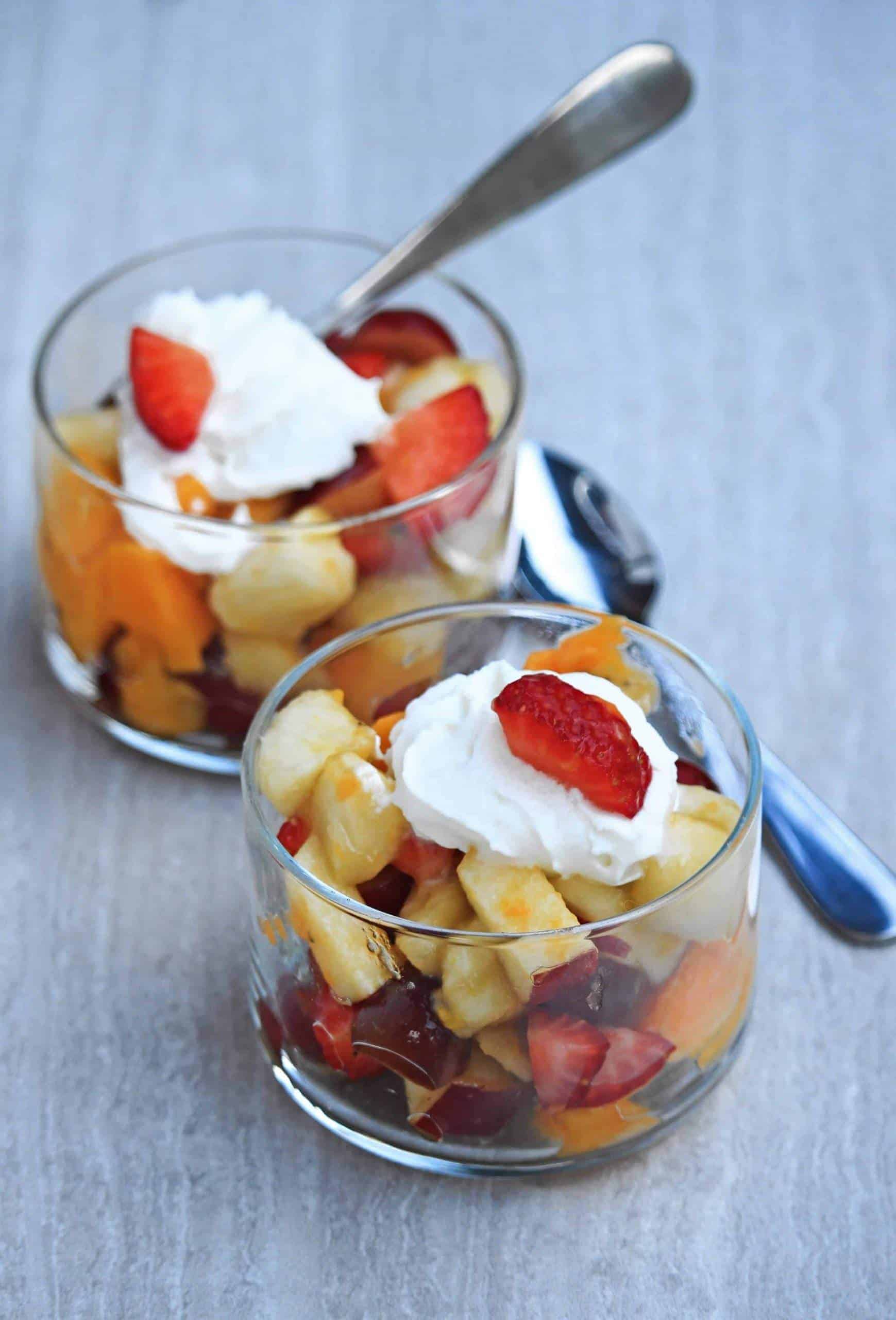 Fruit Salad in a glass bowl.