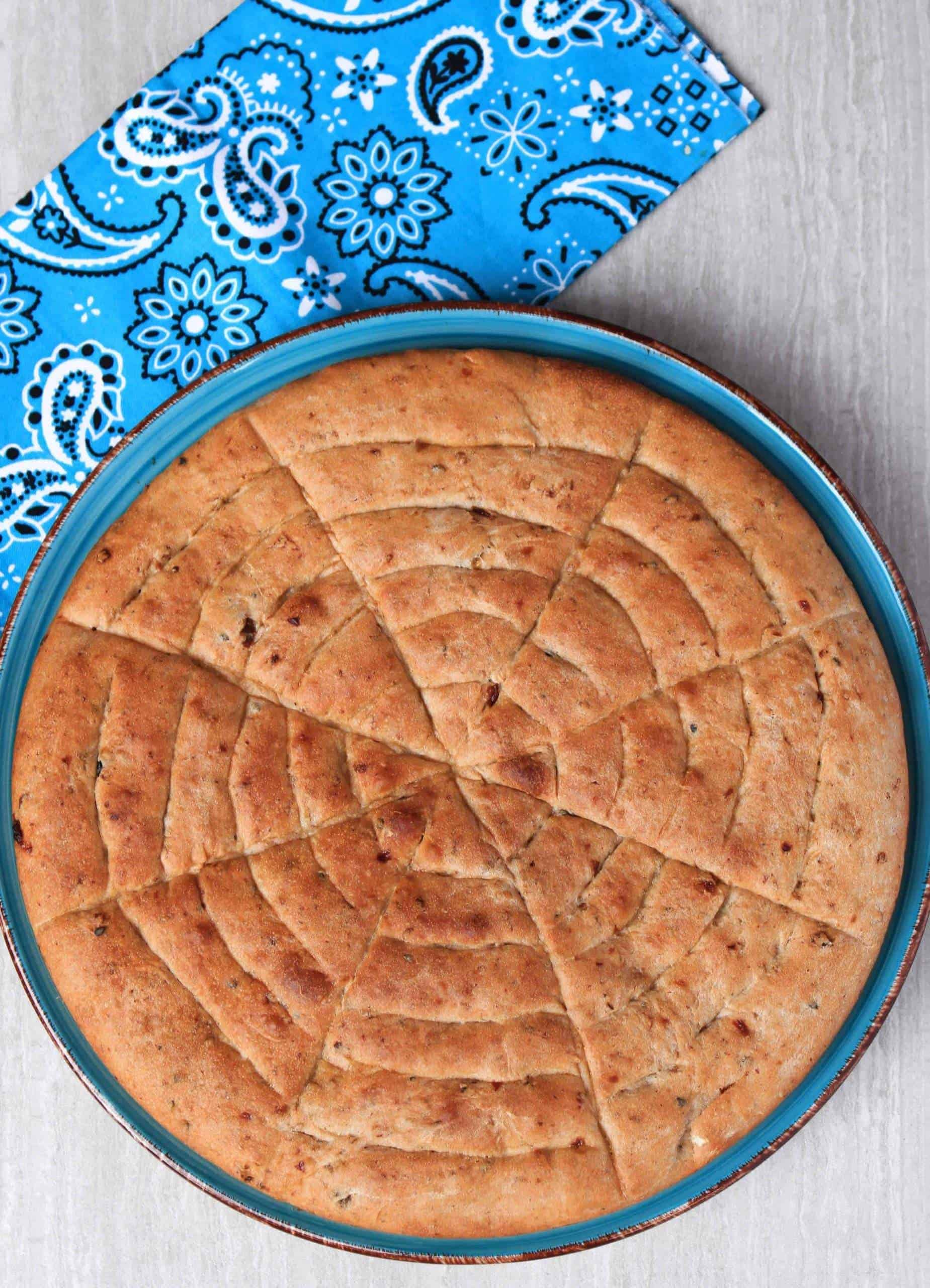 Himbasha | H'mbasha | Ambasha | Ethiopian Flatbread Ethiopian Flatbread in a blue plate