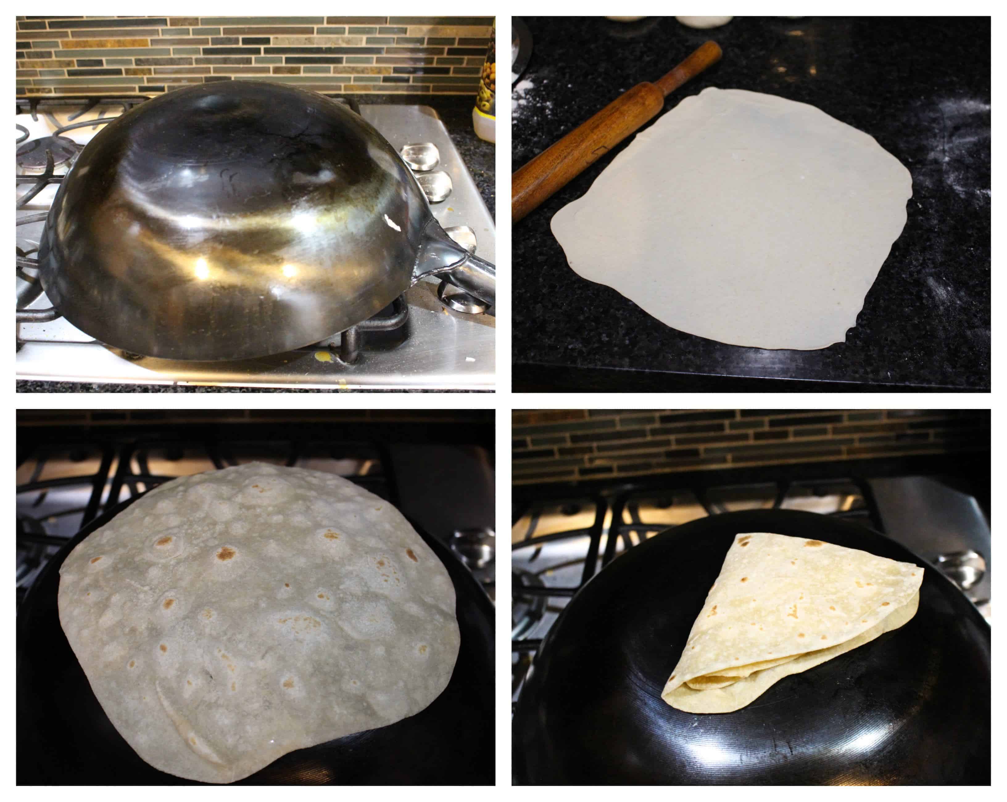 step by step process to cook the rumali roti on a wok