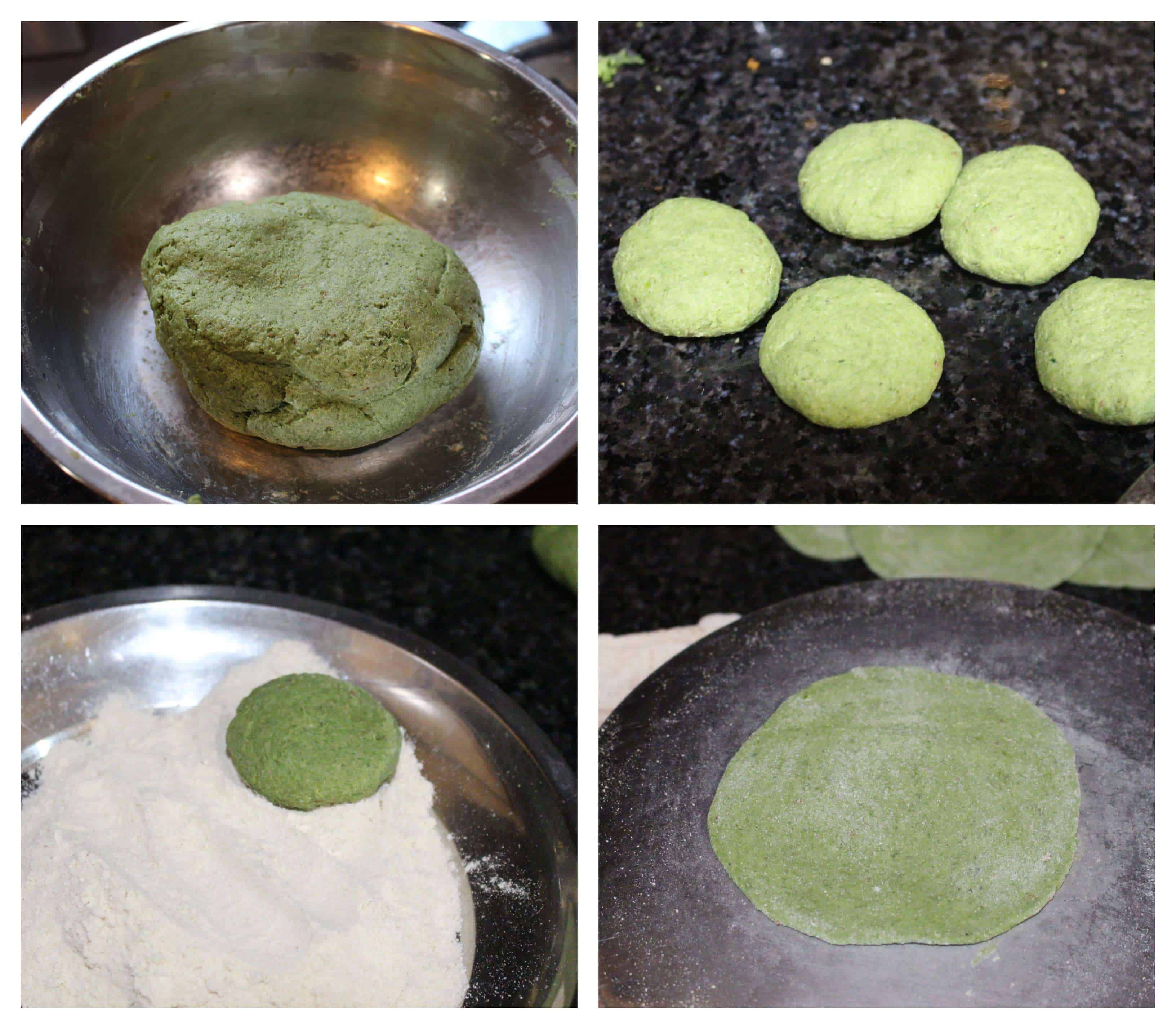 Palak Puri | Spinach Poori | Deep Fried Spinach Flatbread process shot to show how to roll a puri