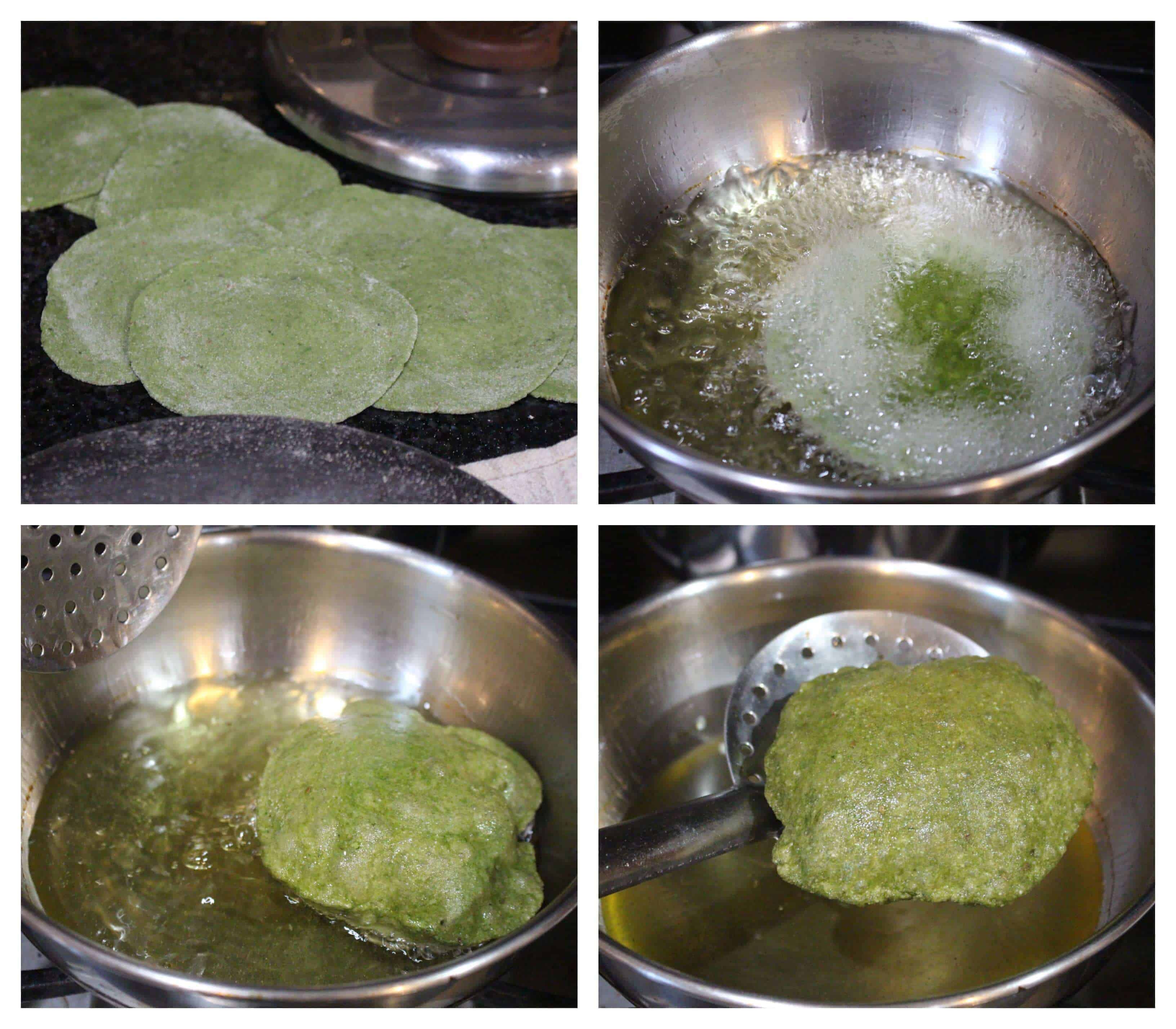 deep frying the spinach poori 
