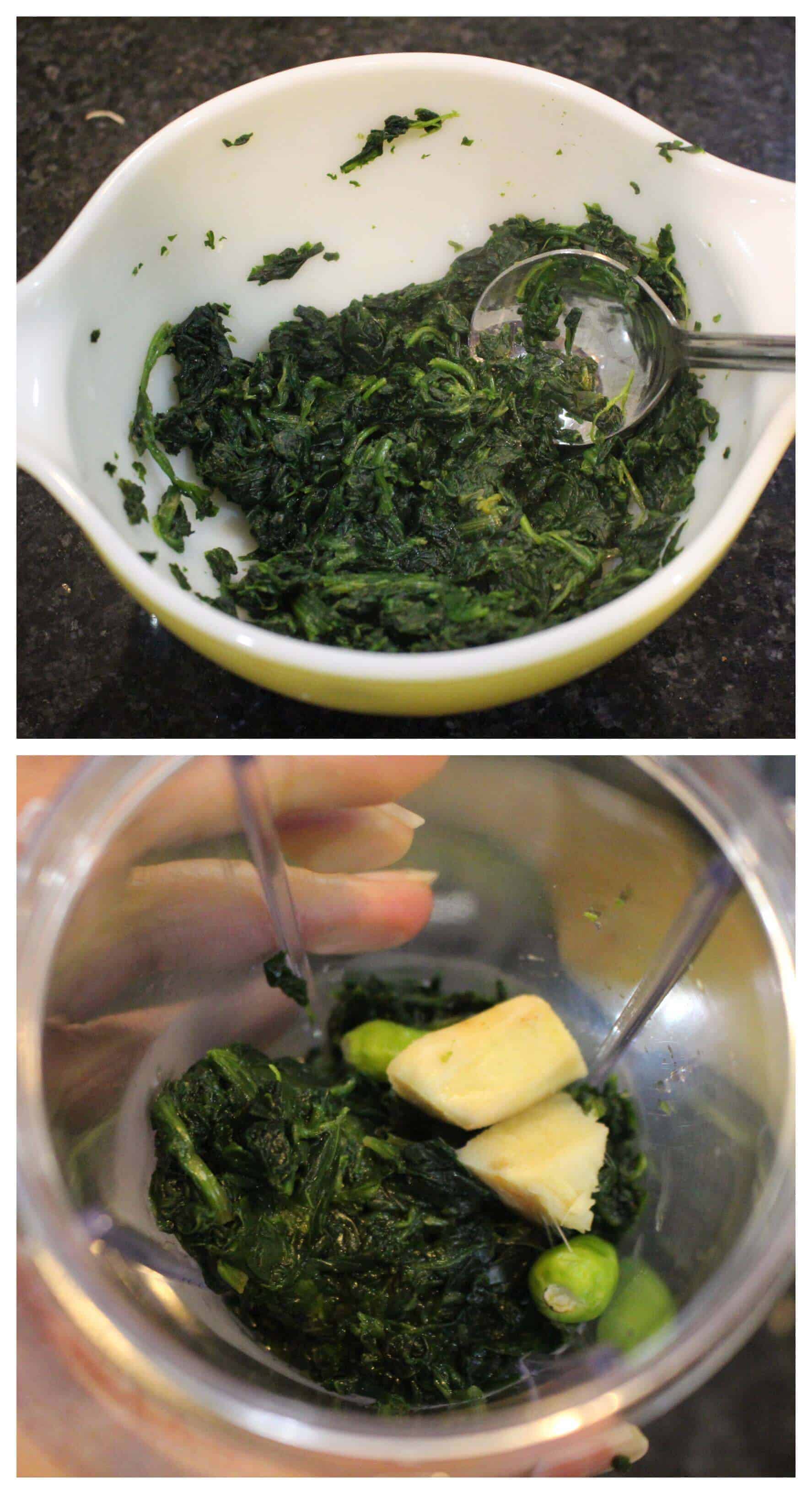 Palak Puri | Spinach Poori | Deep Fried Spinach Flatbread thawing spinach and pureeing it.