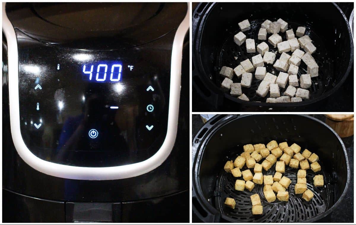 Air frying the tofu
