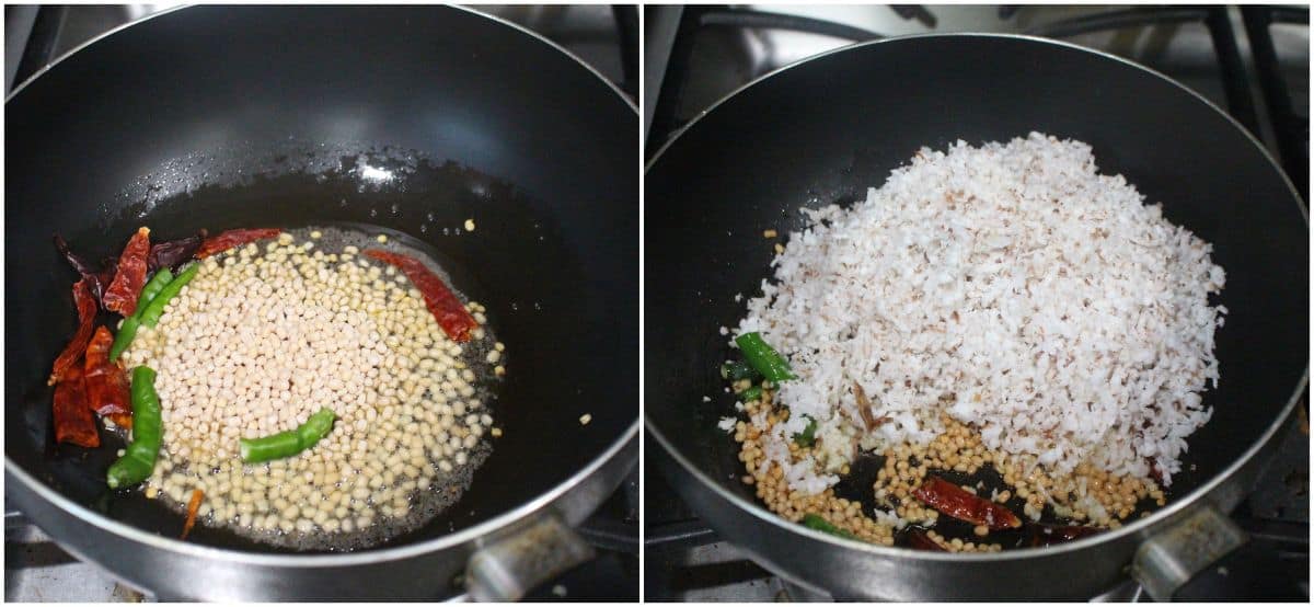 Frying the ingredients to make thengai thogayal