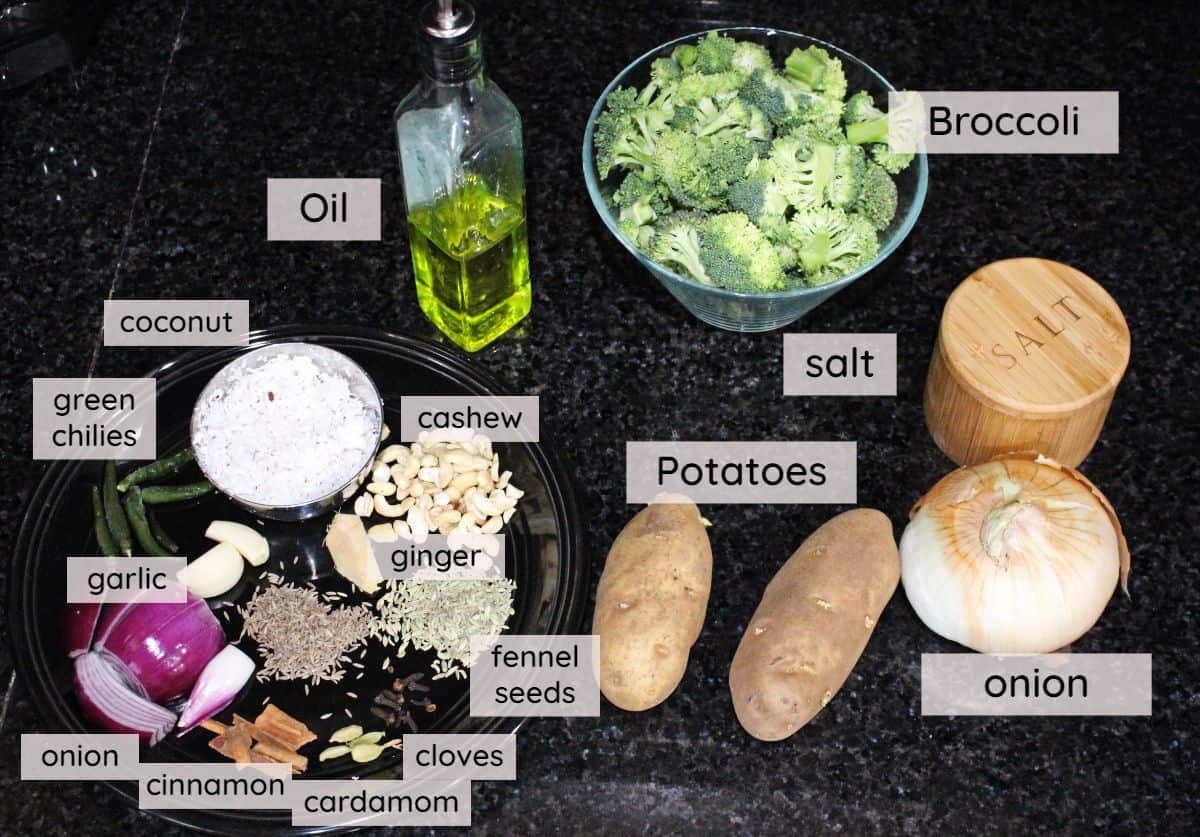 Ingredients needed to make broccoli and potato kurma