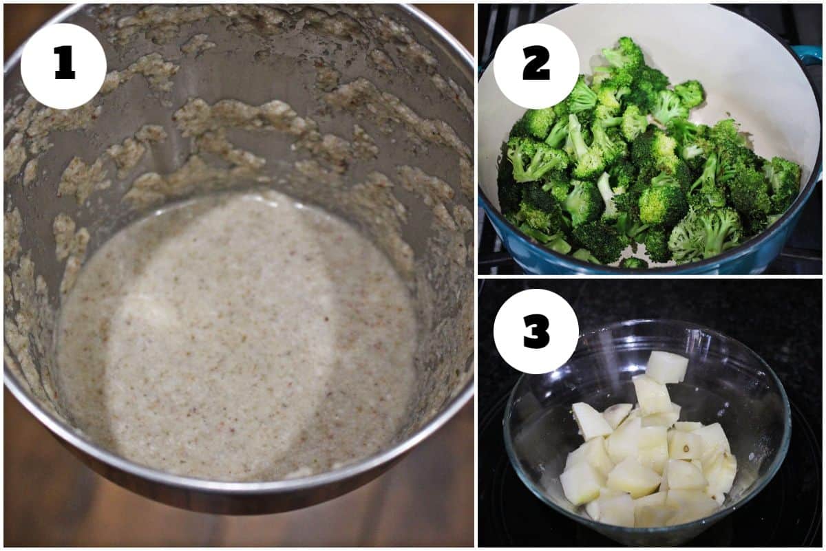 process shot shwing the masala paste, sauteed broccoli and boiled potato.
