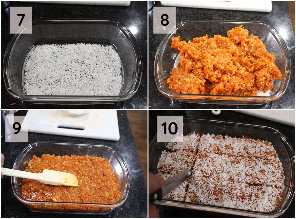 shaping the carrot dessert in a glass tray and coating with coconut. 