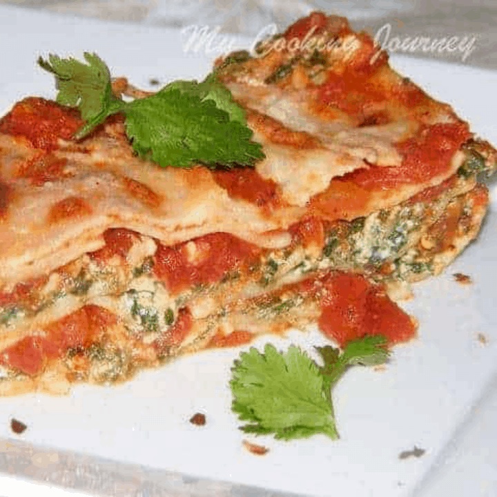 Lasagna served in a tray