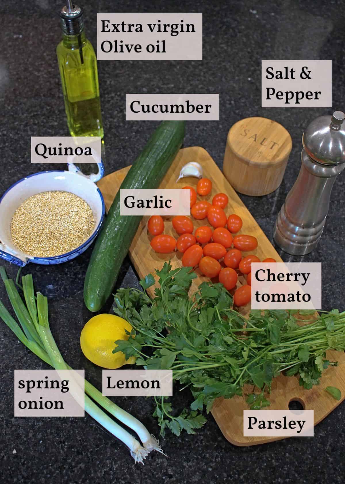 Ingredients listed and laid out to make quinoa tabbouleh salad