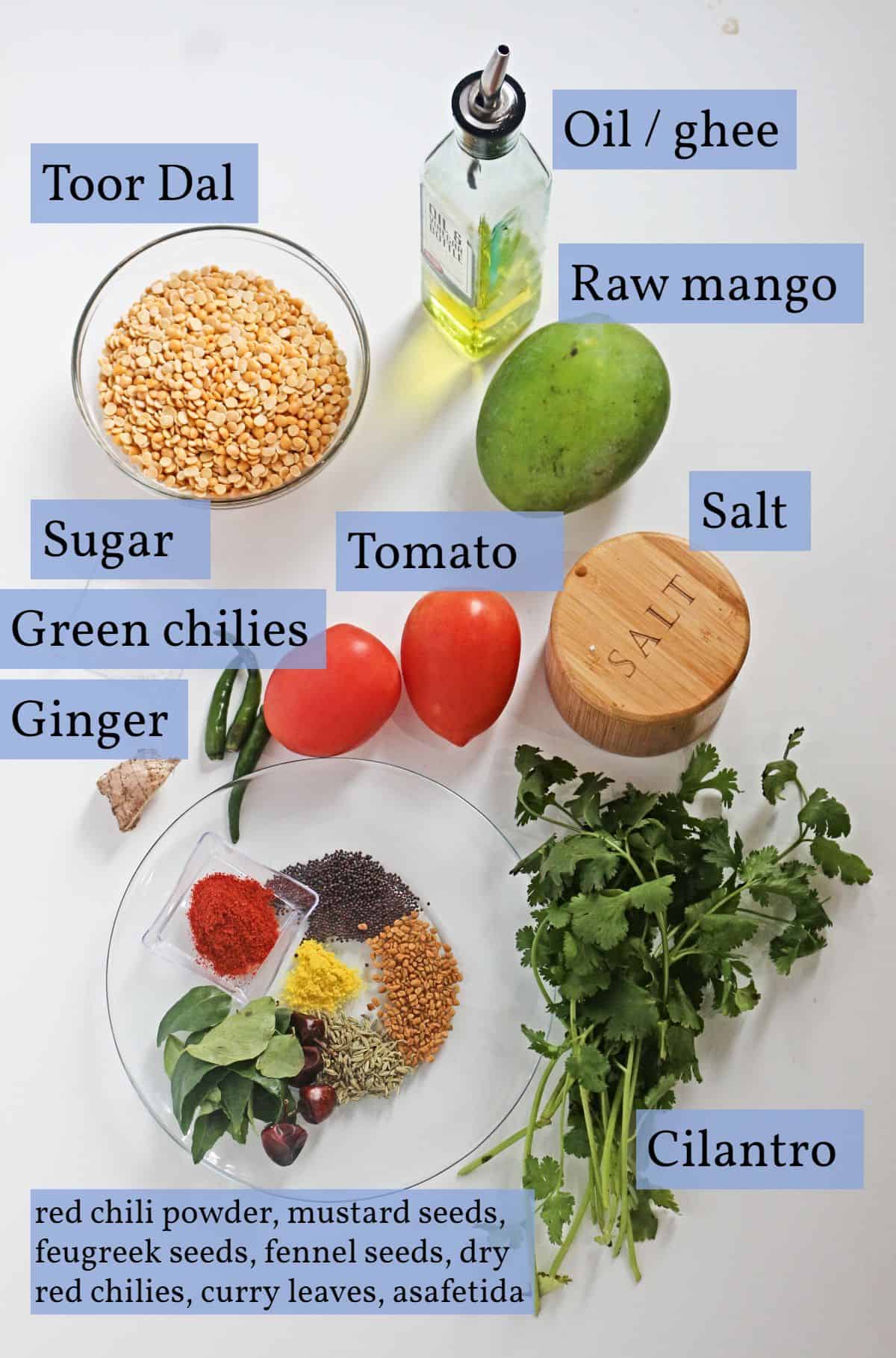 Ingredients labeled to use for mango dal recipe