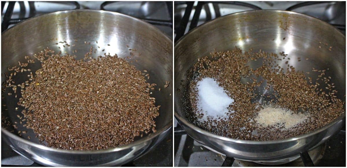 roasting flax seed with salt and asafetida in a pan