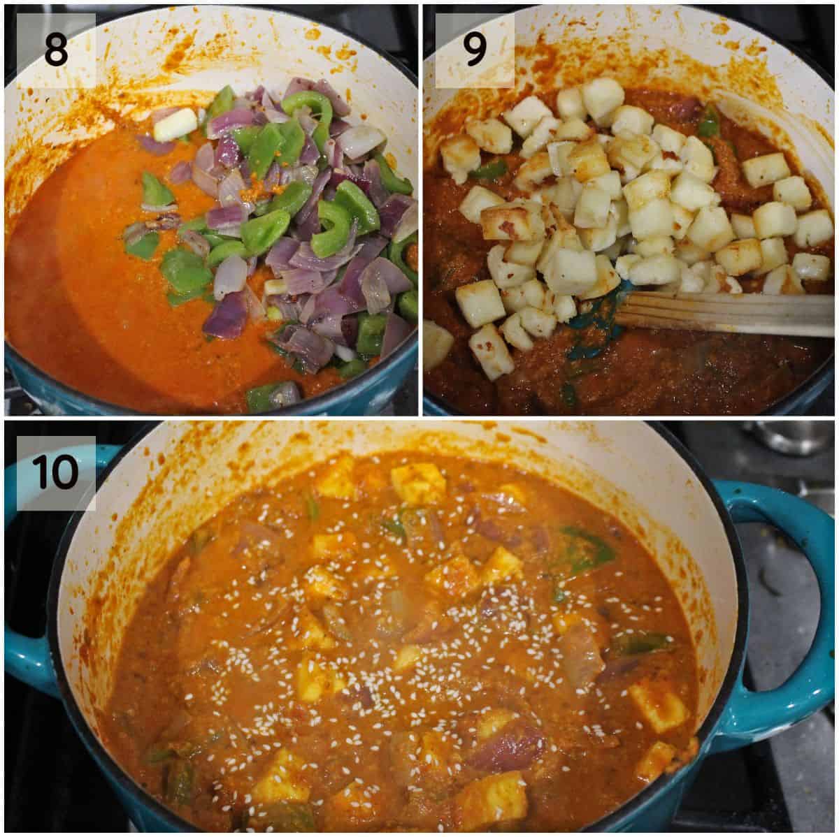 adding onion, bell pepper and paneer pieces in subzi