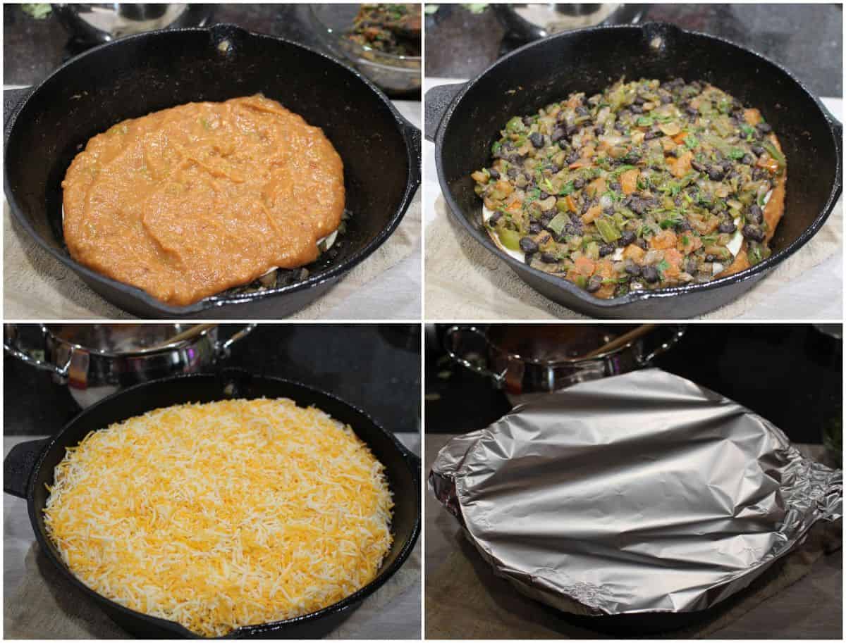 Assembling the Mexican tortilla pie in a cast iron pan and layering with cheese on top