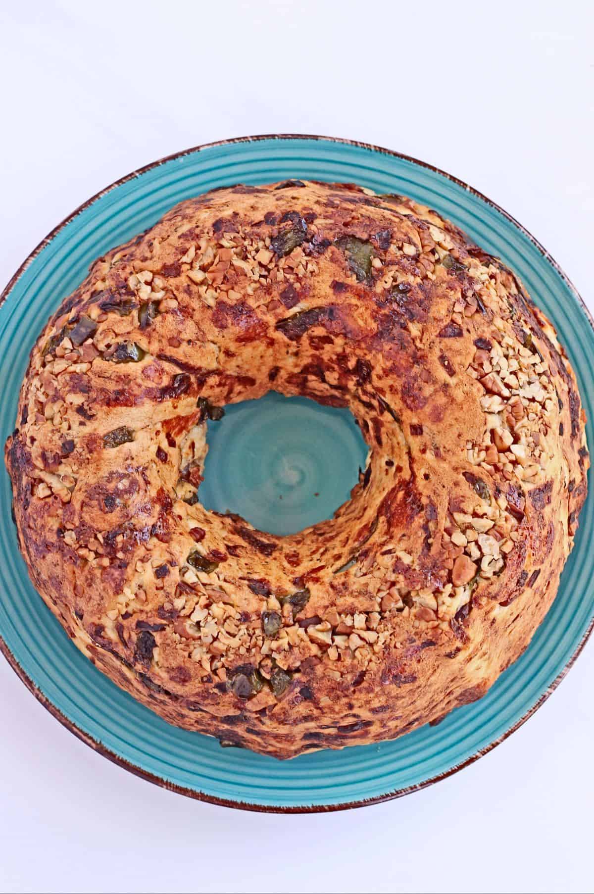 kugelhopf bread with vegetables and nuts baked in a circle