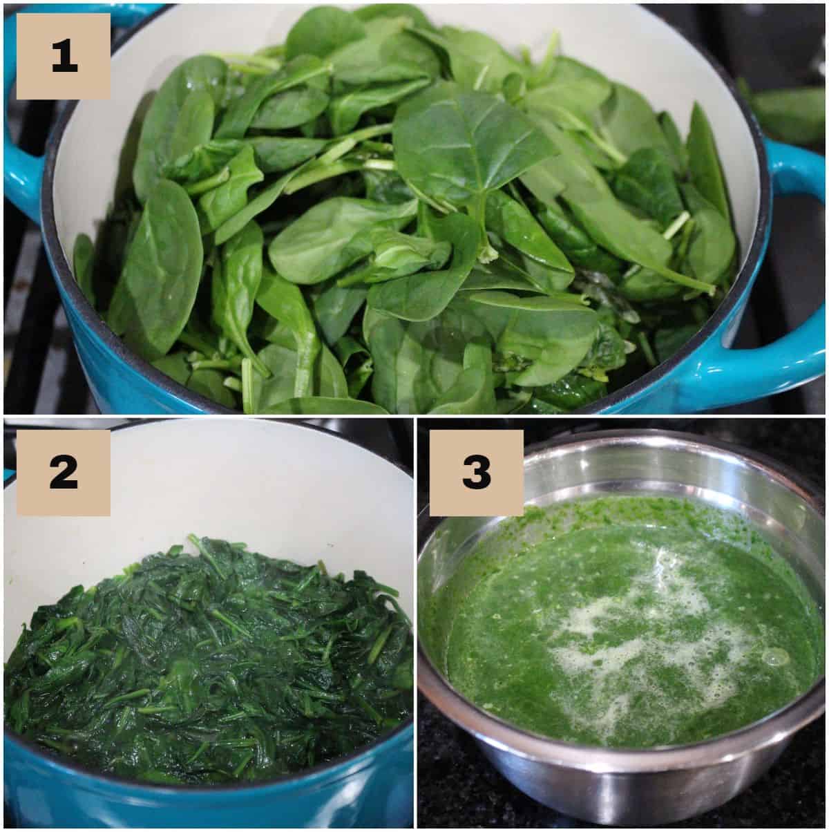 cooking the fresh spinach leaves and pureeing it. 
