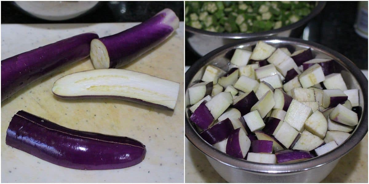 Japanes eggplant chopped into cubes.