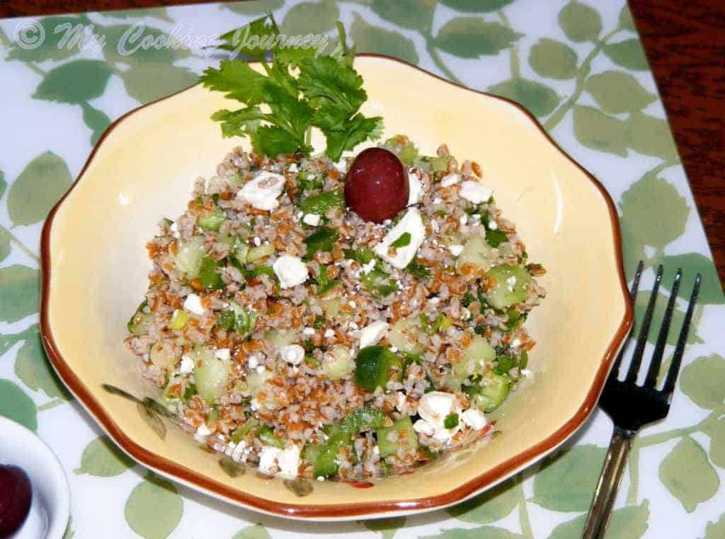 Bulgur Salad in a glass bowl.