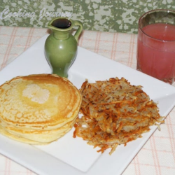 Pancakes and Hash Browns served in a dish