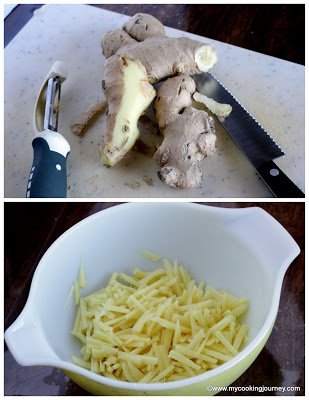 Peeling ginger and chopping it.